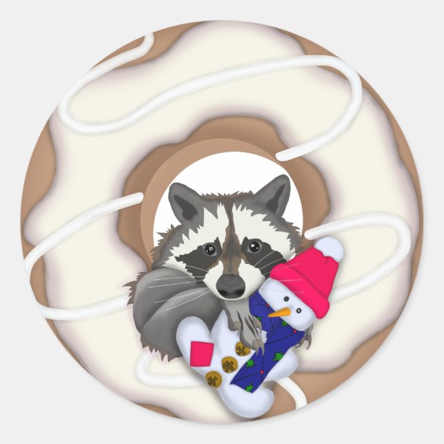 Donut Raccoon mit einem Schneemann Weihnachtswunsc Runder Aufkleber (Vorderseite)