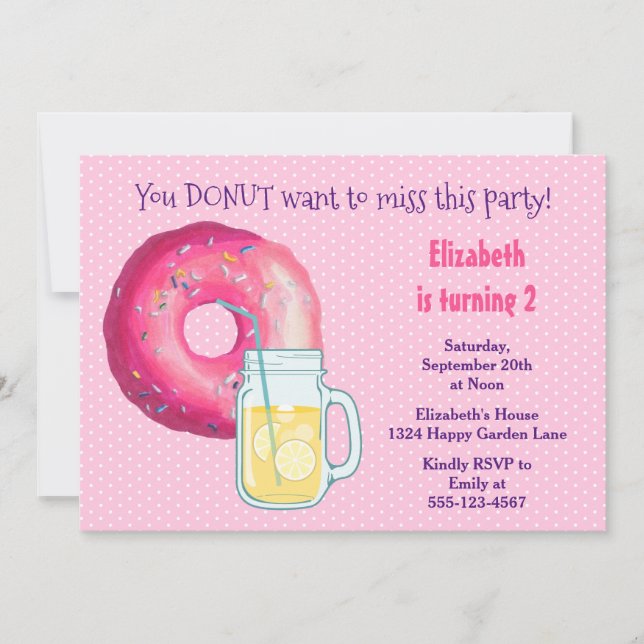 Donut Rose Et Lemonade Anniversaire Invitation (Devant)