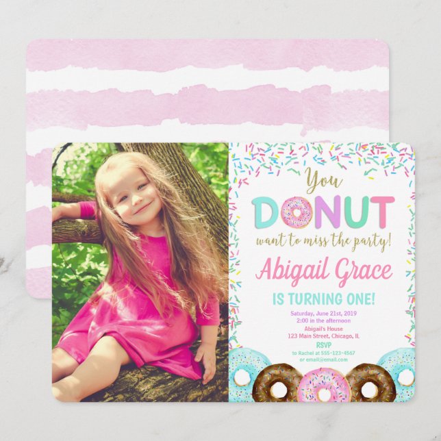 Donut Sprinklen Geburtstagsparty Foto Einladung (Vorne/Hinten)