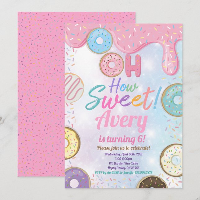 Donut Sweet Birthday Party Pink Pastel Girl Einladung (Vorne/Hinten)
