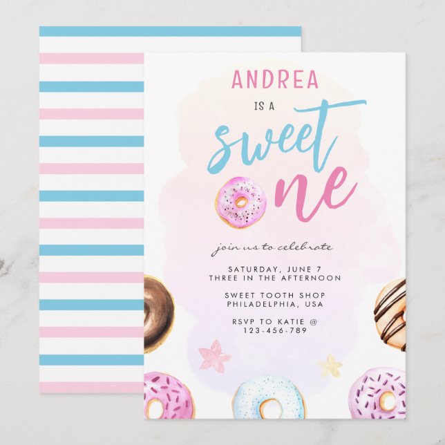 Donut Sweet One Pink and Blue Girl Erster Geburtst Einladung (Vorne/Hinten)