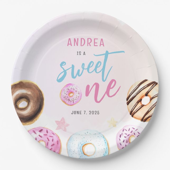 Donut Sweet One Pink and Blue Girls Erster Geburts Pappteller (Vorderseite)