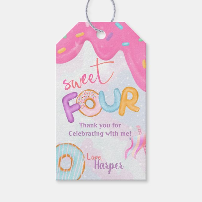Donut Sweut 4 Geburtstagsparty Geschenkanhänger (Vorderseite)