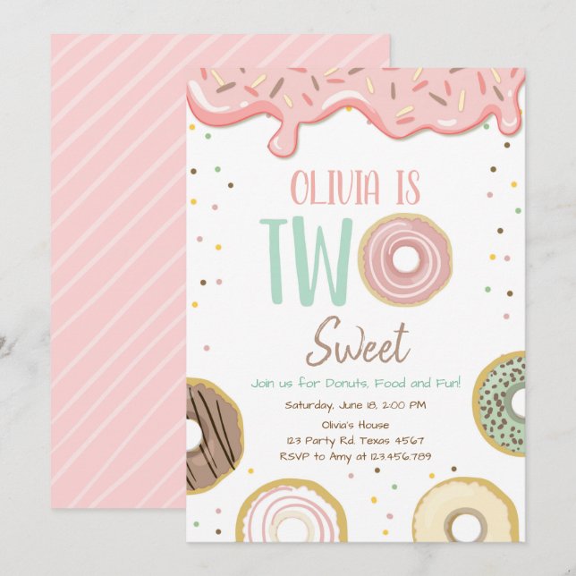 Donut Two Sweet Pink Doughnut Girl Birthday Party Einladung (Vorne/Hinten)