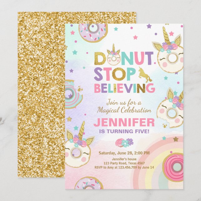 Donut Unicorn Invitation Anniversaire Pink Gold Gi (Devant / Derrière)