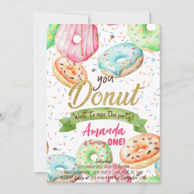Donut Wollte zu Miss Doughnut Geburtstag Einladung (Vorderseite)