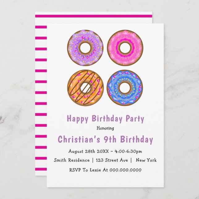 Donuts 9th Birthday Party Invitations (Devant / Derrière)