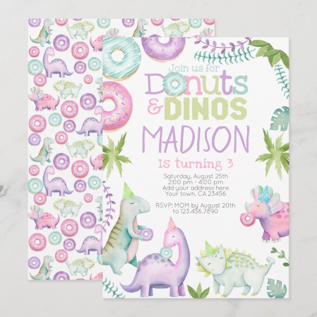 Donuts and Dinos Invitation (Pink & Lavender) Einladung (Vorne/Hinten)