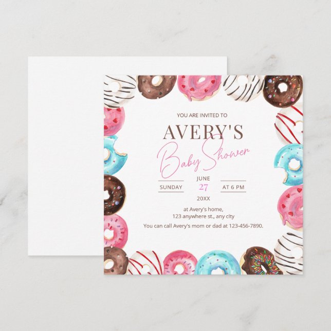 Donuts Baby Shower Einladung, Girl Baby Sprinkle Einladung (Vorne/Hinten)