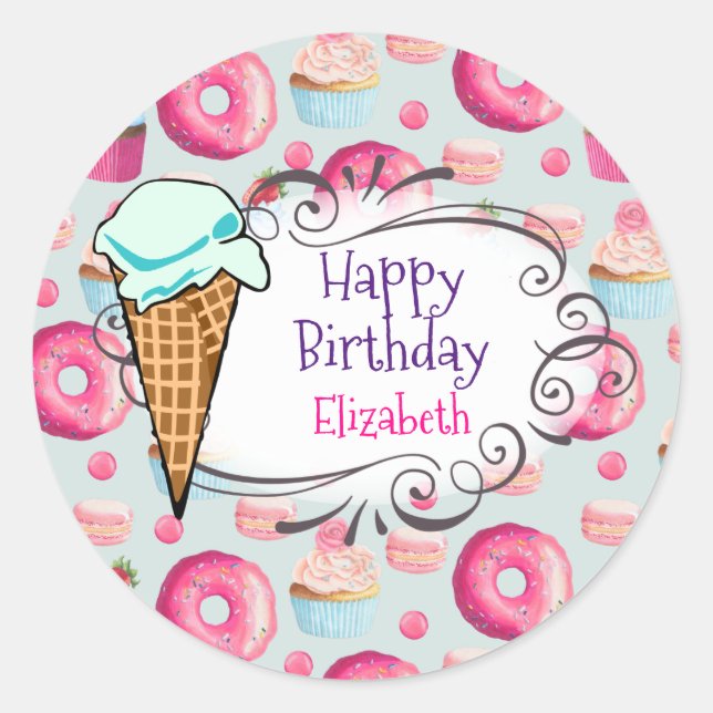 Donuts Macarons Cupcakes Happy Birthday Custom Runder Aufkleber (Vorderseite)