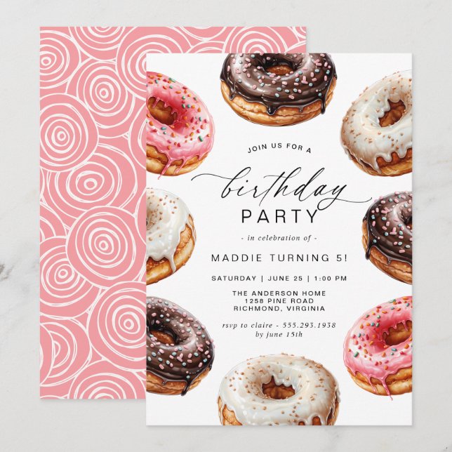 Donuts | Niedliche Dessert Thema Girl's Birthday P Einladung (Vorne/Hinten)