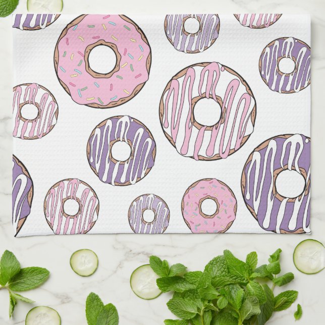 Donuts, rosa Donuts, Lila Donuts Geschirrtuch (Gefaltet)