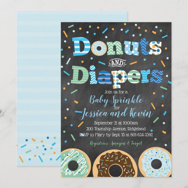 Donuts und Diapers Baby Boy Sprinkle Chalkboard Einladung (Vorne/Hinten)