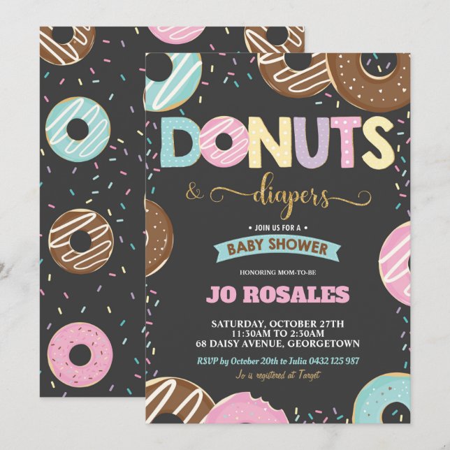 Donuts und Diapers Baby Girl Dusche Doughnut Einladung (Vorne/Hinten)