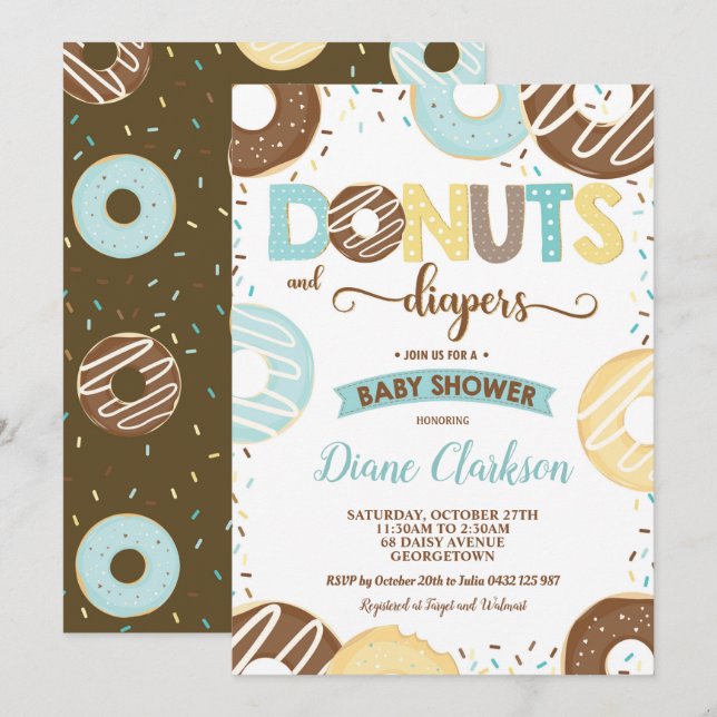Donuts und Diapers Baby Shower Baby Boy Doughnut Einladung (Vorne/Hinten)