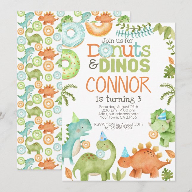 Donuts und Dinos Einladung (Vorne/Hinten)