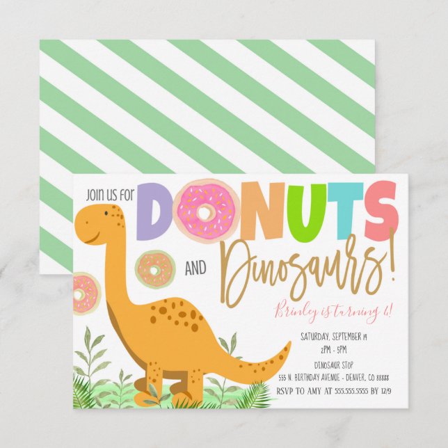 Donuts und Dinosaurier-Party Einladung (Vorne/Hinten)