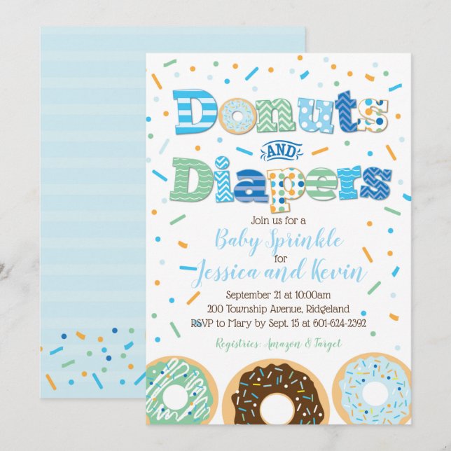 Donuts und Windeln Baby Boy Sprinkle oder Dusche Einladung (Vorne/Hinten)