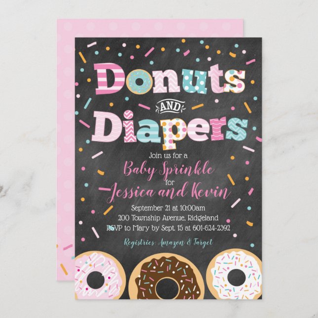 Donuts und Windeln Baby Girl Sprinkle oder Dusche Einladung (Vorne/Hinten)