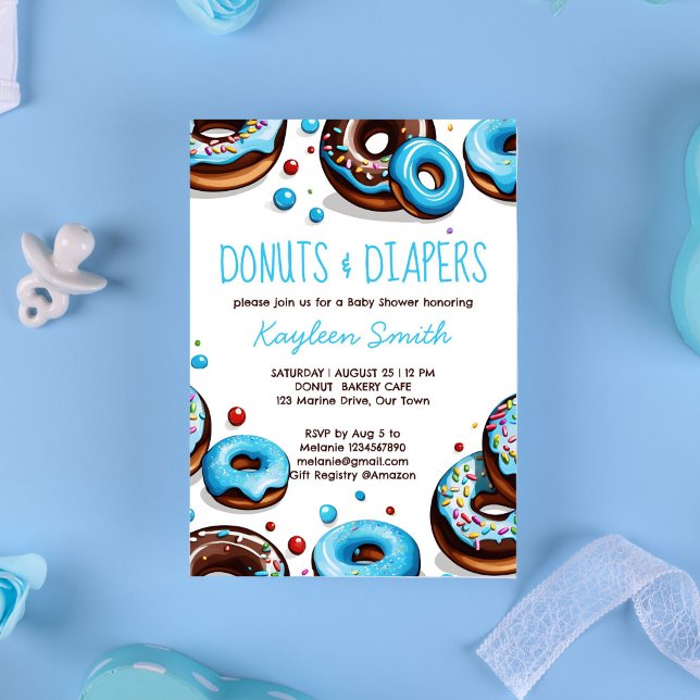 Donuts und Windeln blaubraune Babydusche Einladung (Donuts and diapers blue chocolate brown sprinkles whimsical donuts baby shower invitation template )