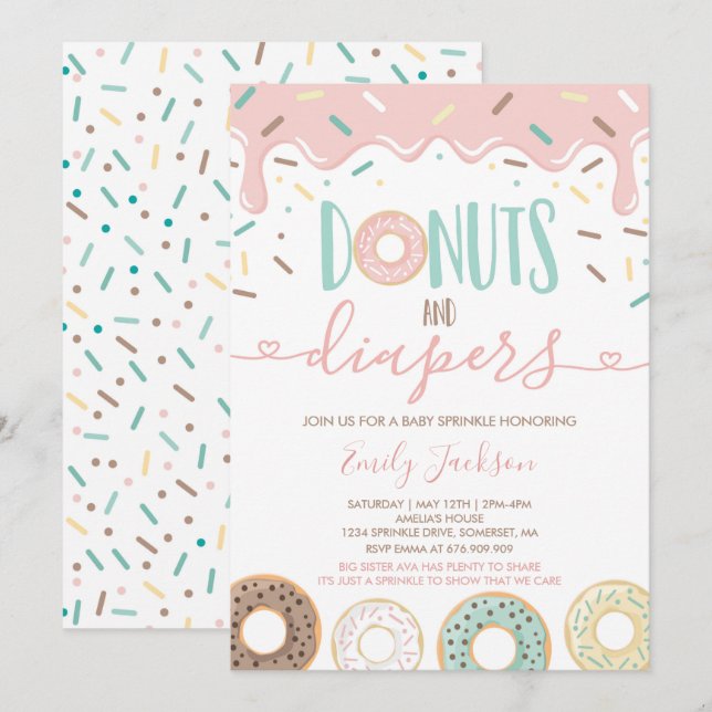 Donuts und Windeln Einladung zum Sprinkle-Baby (Vorne/Hinten)