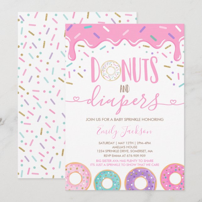 Donuts und Windeln Einladung zum Sprinkle-Baby (Vorne/Hinten)