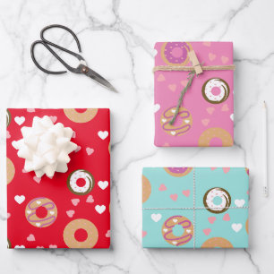Donuts Valentine's Day Hearts Rotes Rosa Aquamarin Geschenkpapier Set