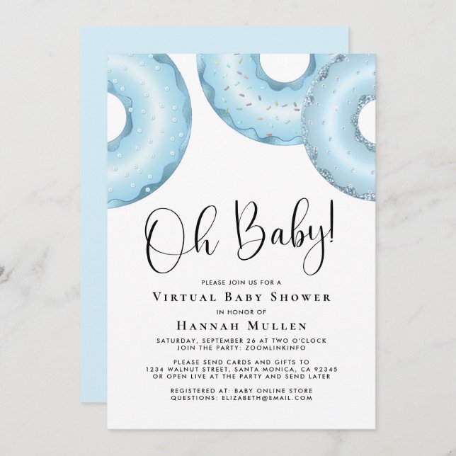 Donuts Virtual Baby shower Blue Invitation (Devant / Derrière)