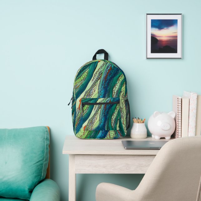Doodle Art Blues und Grüntöne Bedruckter Rucksack (InSitu)