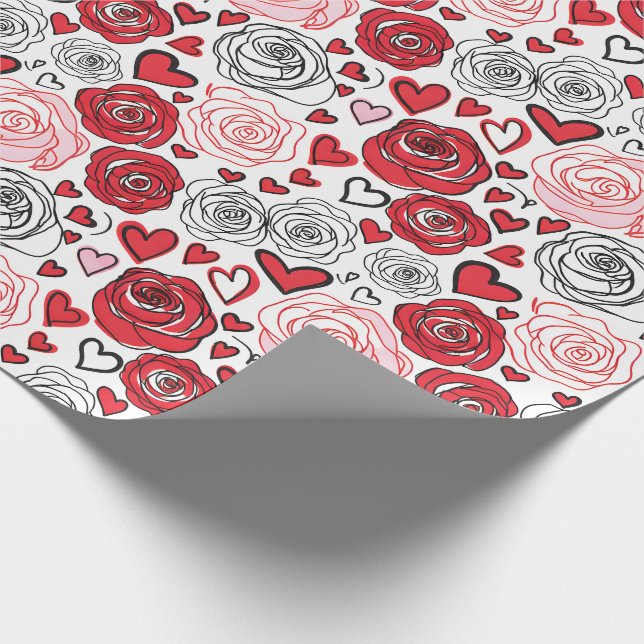 Doodle Art Style Red Pink Roses Hearts Valentine's Geschenkpapier (Ecke)