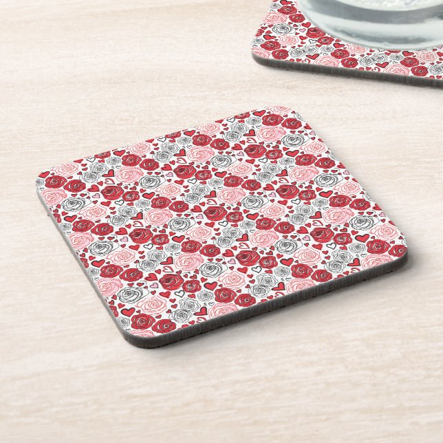Doodle Art Style Red Pink Roses Hearts Valentine's Getränkeuntersetzer (Linke Seite)