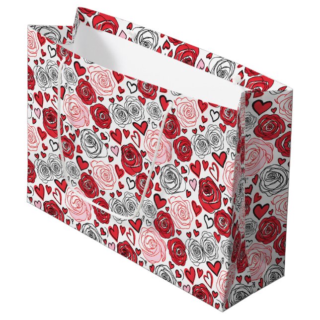 Doodle Art Style Red Pink Roses Hearts Valentine's Große Geschenktüte (Vorderseite Schrägansicht)