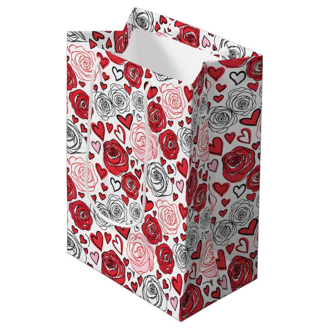 Doodle Art Style Red Pink Roses Hearts Valentine's Mittlere Geschenktüte (Vorderseite Schrägansicht)