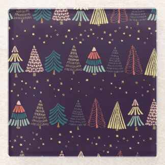 Doodle Bäume, Sterne, dunkelblau. Glasuntersetzer