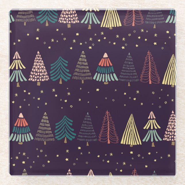 Doodle Bäume, Sterne, dunkelblau. Glasuntersetzer (Vorderseite)