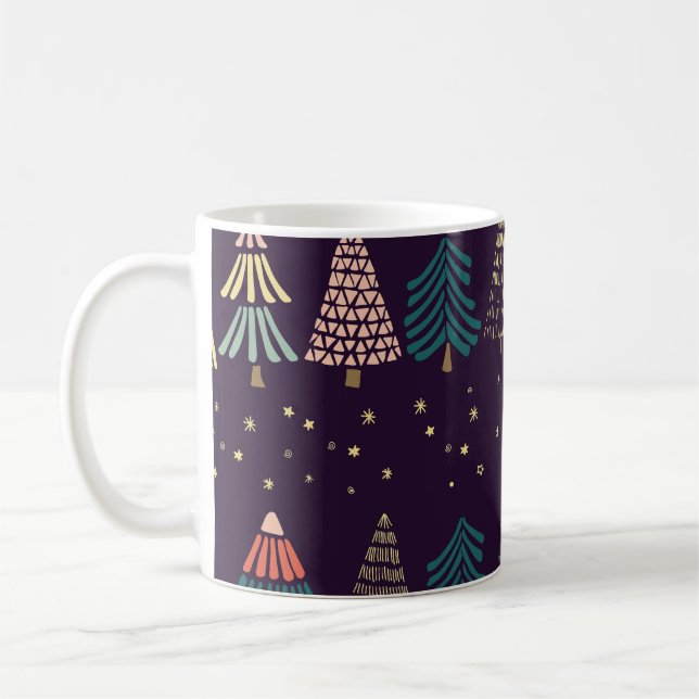 Doodle Bäume, Sterne, dunkelblau. Kaffeetasse (Links)
