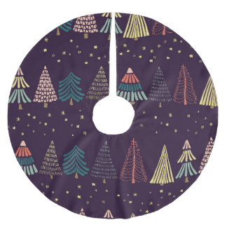 Doodle Bäume, Sterne, dunkelblau. Polyester Weihnachtsbaumdecke