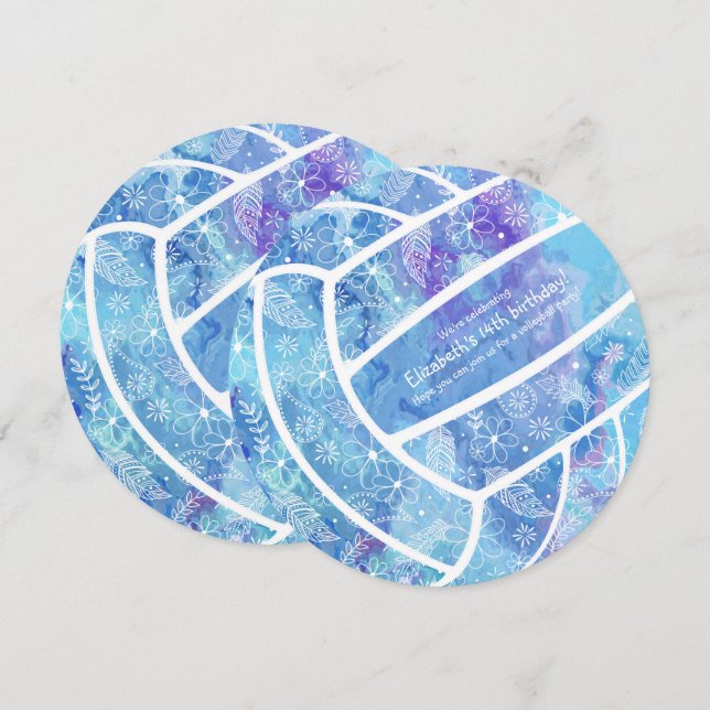 Doodle-Blume federn Blauvolleyball Einladung (Vorne/Hinten)