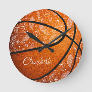 Doodle Blume Federn Paisball boho Basketball Runde Wanduhr