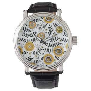 Doodle-Blume und -Blätter in Gelb und Schwarz Armbanduhr