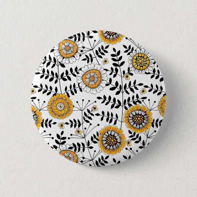 Doodle-Blume und -Blätter in Gelb und Schwarz Button (Vorderseite)
