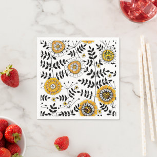 Doodle-Blume und -Blätter in Gelb und Schwarz Serviette