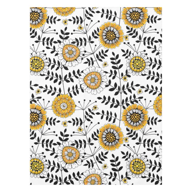 Doodle-Blume und -Blätter in Gelb und Schwarz Tischdecke (Vorderseite)