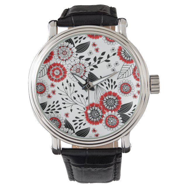Doodle-Blume und -Blätter in Rot und Schwarz Armbanduhr (Vorderseite)