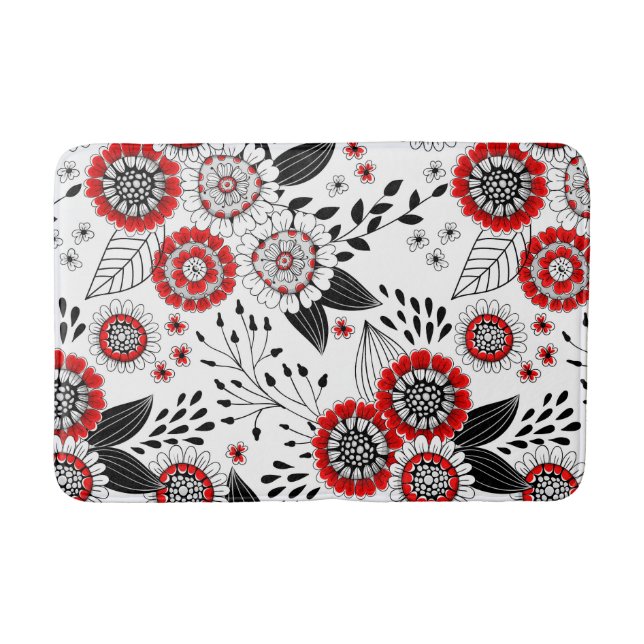 Doodle-Blume und -Blätter in Rot und Schwarz Badematte (Vorderseite)