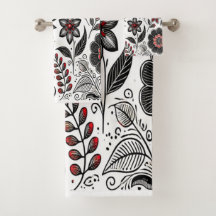 Doodle-Blume und -Blätter in Rot und Schwarz