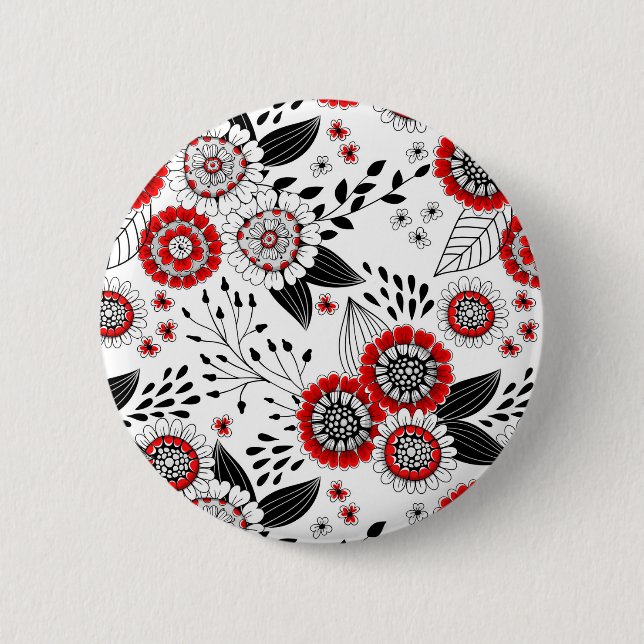 Doodle-Blume und -Blätter in Rot und Schwarz Button (Vorderseite)