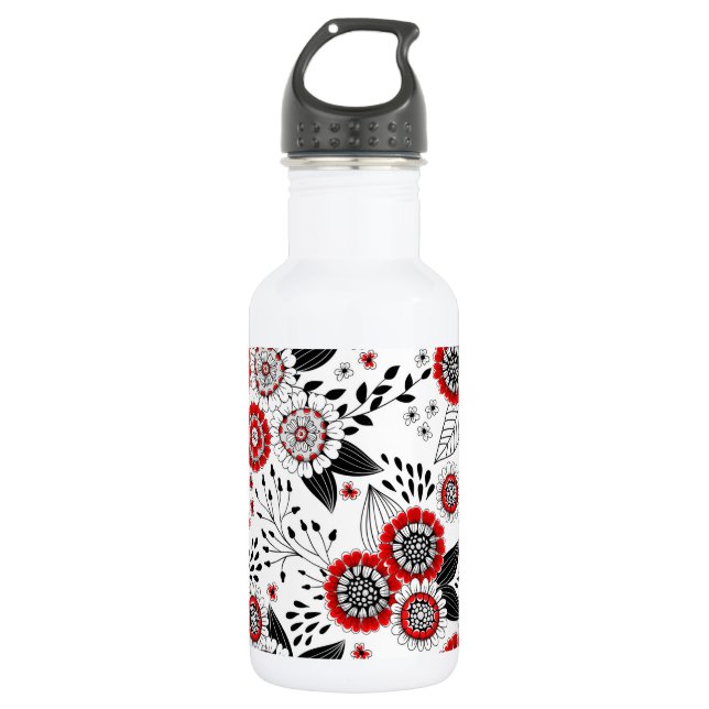 Doodle-Blume und -Blätter in Rot und Schwarz Edelstahlflasche (Vorderseite)