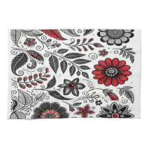 Doodle-Blume und -Blätter in Rot und Schwarz