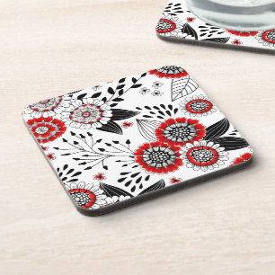 Doodle-Blume und -Blätter in Rot und Schwarz Getränkeuntersetzer
